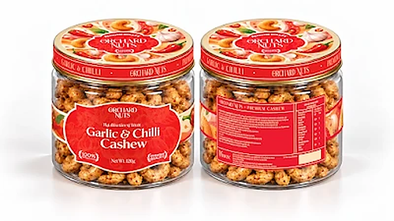 Hạt điều tẩm vị Tỏi Ớt Orchard Nuts hộp nhựa 120g